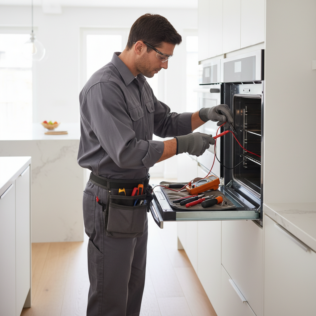 Appliance repair technician repairing a built-in oven